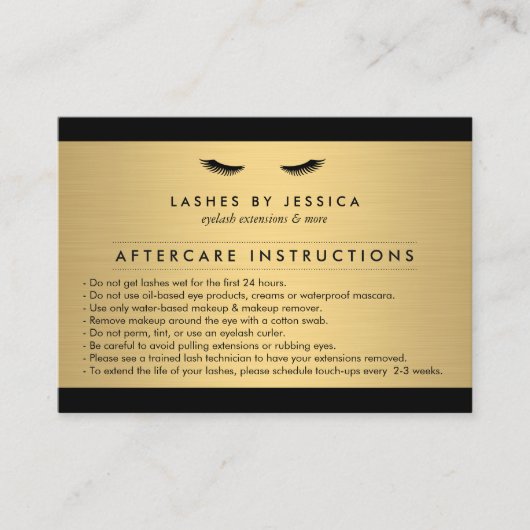 Glam Eyelashes Black and Gold Aftercare Card Visitenkarte (Vorderseite)