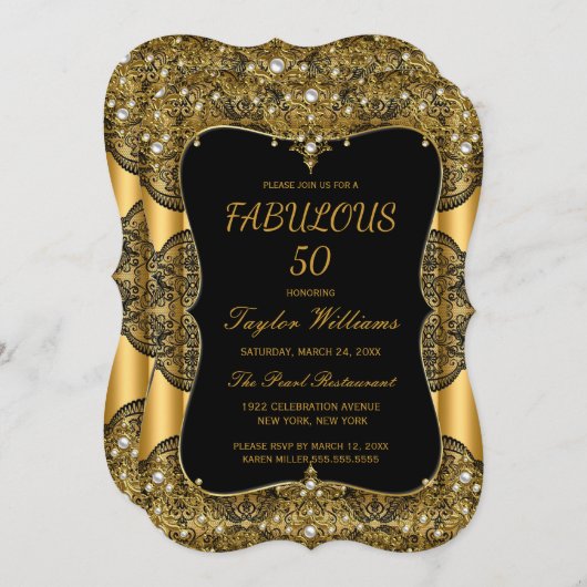 Glam Fabulous 50 Party Black Lace Pearl Gold Einladung (Vorne/Hinten)