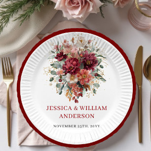 Glam Fall Burgund Weinrote Florale Hochzeitspapier Pappteller