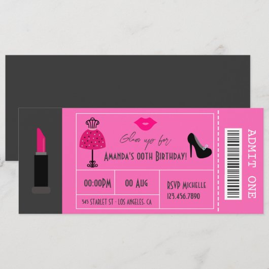 Glam Fashion Show Party Night Girl's Ticket Einladung (Vorne/Hinten)