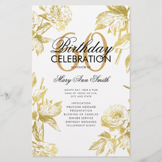 Glam Floral 60. Geburtstag Programm Gold Menü (Vorne)