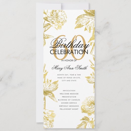 Glam Floral 60. Geburtstag Programm Gold Menü (Vorderseite)