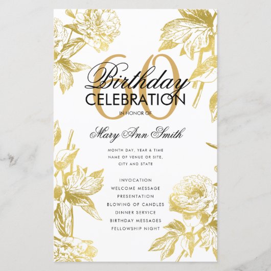 Glam Floral 60. Geburtstag Programm Gold Menü (Vorderseite)