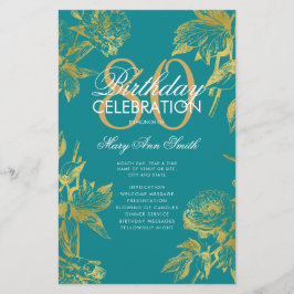 Glam Floral 80. Geburtstag Programm Gold Aquamarin Flyer
