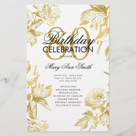 Glam Floral 80. Geburtstag Programm Gold Menü (Vorne)