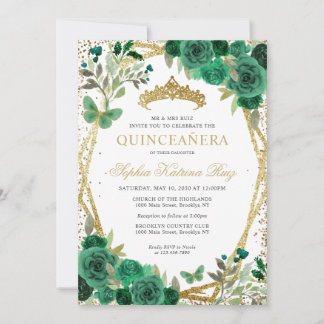 Glam Floral Emerald Green Gold QR Code Quinceañera Einladung