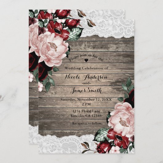 Glam Floral Rustic Wood Lace Barn Country Wedding Einladung (Vorne/Hinten)
