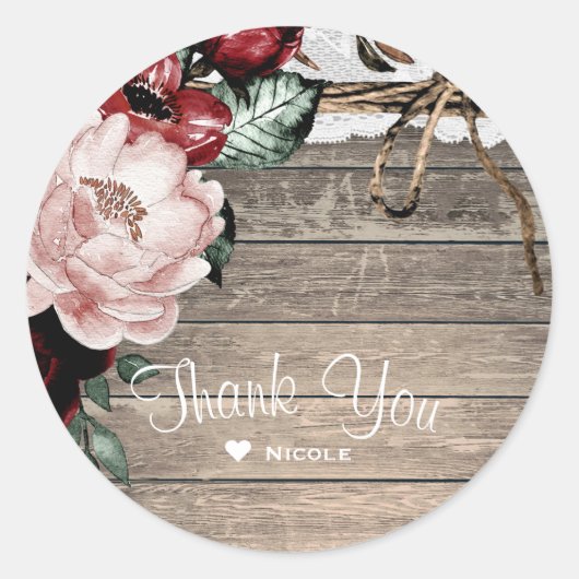 Glam Floral Rustic Wood & Lace Barn Hochzeit Runder Aufkleber (Vorderseite)