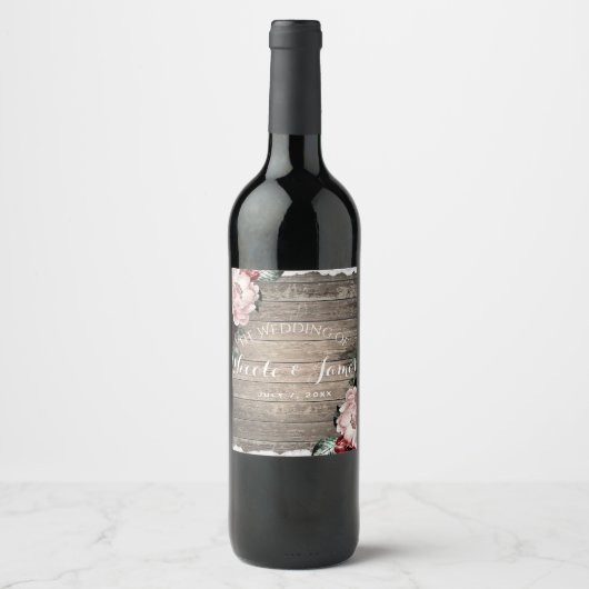 Glam Floral Rustikales Holz & Spitzenholz Hochzeit Weinetikett (Vorderseite)