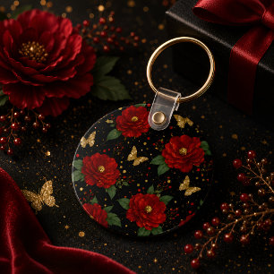 Glam Floral Schlüsselanhänger rote Rosen goldener
