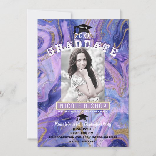 Glam Foto Graduation Party für lila Gold Einladung (Vorderseite)