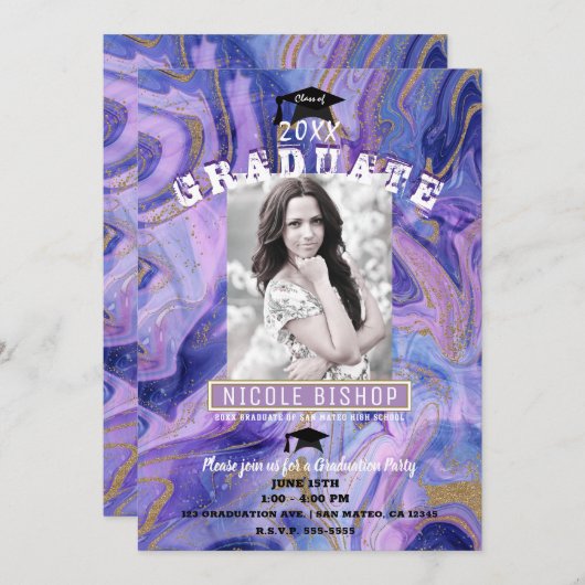 Glam Foto Graduation Party für lila Gold Einladung (Vorne/Hinten)