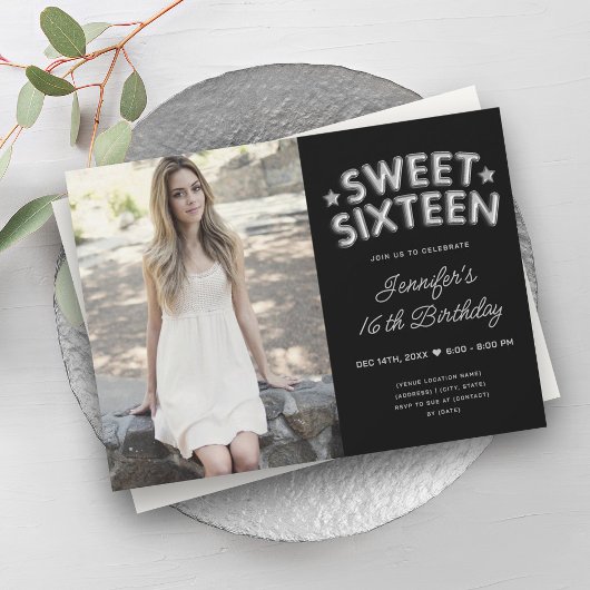 Glam Foto Silver Black Balloons Sweet 16 Einladung