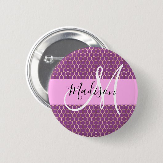 Glam Fuchsia Metallic Pink Honeycomb Monogram Name Button (Vorne & Hinten)