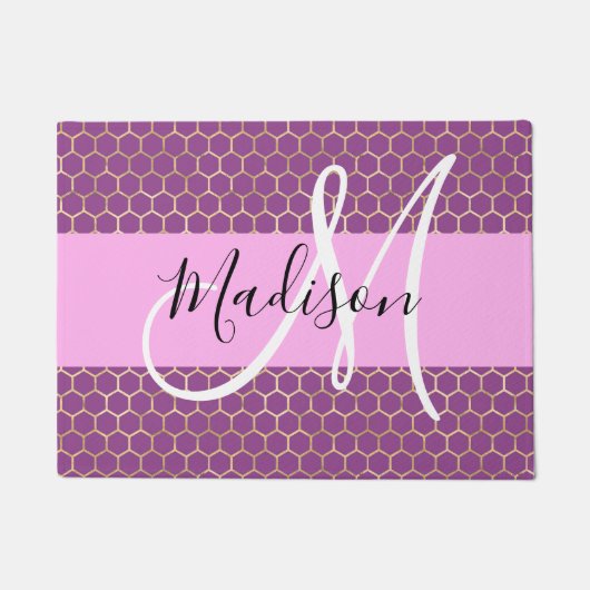 Glam Fuchsia Metallic Pink Honeycomb Monogram Name Fußmatte (Vorderseite)