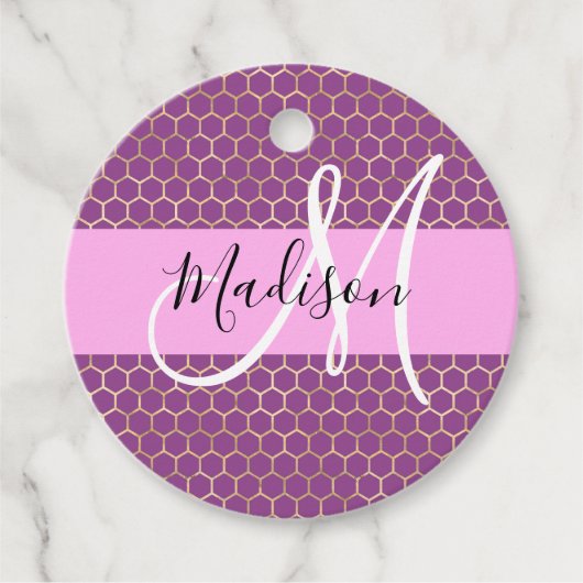 Glam Fuchsia Metallic Pink Honeycomb Monogram Name Geschenkanhänger (Vorderseite)