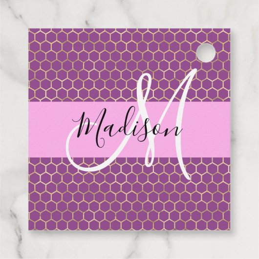 Glam Fuchsia Metallic Pink Honeycomb Monogram Name Geschenkanhänger (Rückseite)
