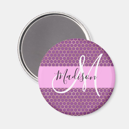 Glam Fuchsia Metallic Pink Honeycomb Monogram Name Magnet (Vorderseite/Rückseite)