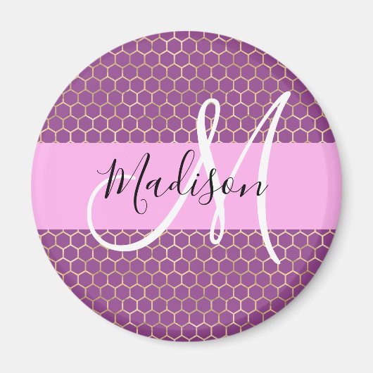 Glam Fuchsia Metallic Pink Honeycomb Monogram Name Magnet (Vorne)
