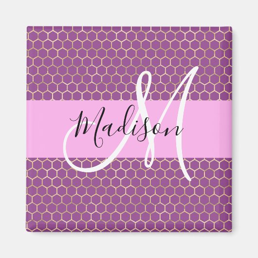 Glam Fuchsia Metallic Pink Honeycomb Monogram Name Magnet (Vorne)