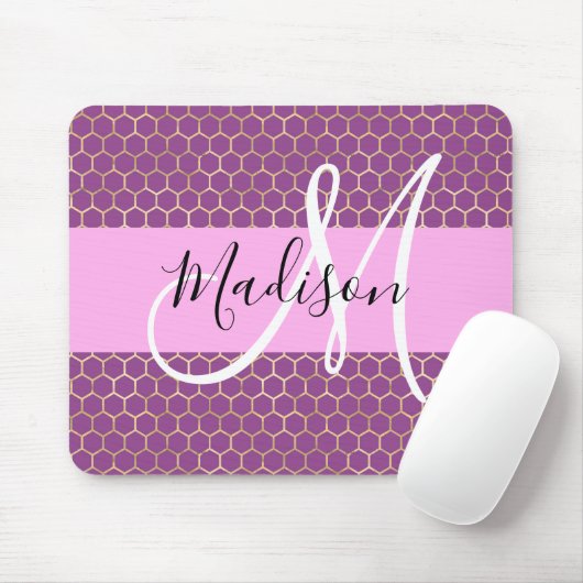 Glam Fuchsia Metallic Pink Honeycomb Monogram Name Mousepad (Mit Mouse)