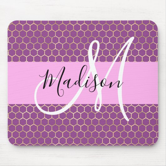 Glam Fuchsia Metallic Pink Honeycomb Monogram Name Mousepad (Vorne)