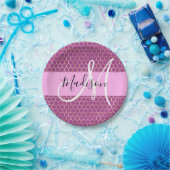 Glam Fuchsia Metallic Pink Honeycomb Monogram Name Pappteller (Party)