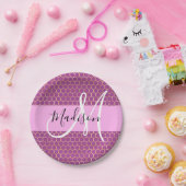 Glam Fuchsia Metallic Pink Honeycomb Monogram Name Pappteller (Party)