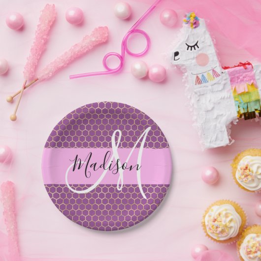 Glam Fuchsia Metallic Pink Honeycomb Monogram Name Pappteller (Party)