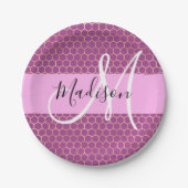 Glam Fuchsia Metallic Pink Honeycomb Monogram Name Pappteller (Vorderseite)