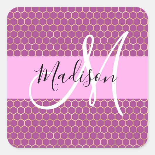 Glam Fuchsia Metallic Pink Honeycomb Monogram Name Quadratischer Aufkleber (Vorderseite)