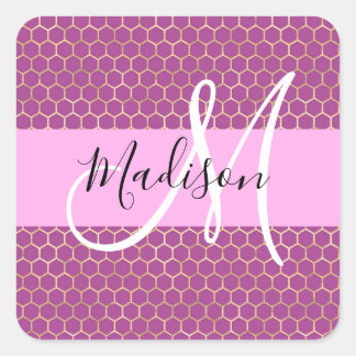 Glam Fuchsia Metallic Pink Honeycomb Monogram Name Quadratischer Aufkleber