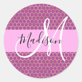 Glam Fuchsia Metallic Pink Honeycomb Monogram Name Runder Aufkleber