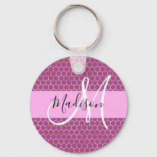 Glam Fuchsia Metallic Pink Honeycomb Monogram Name Schlüsselanhänger