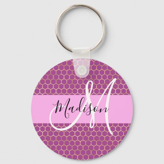 Glam Fuchsia Metallic Pink Honeycomb Monogram Name Schlüsselanhänger (Vorderseite)