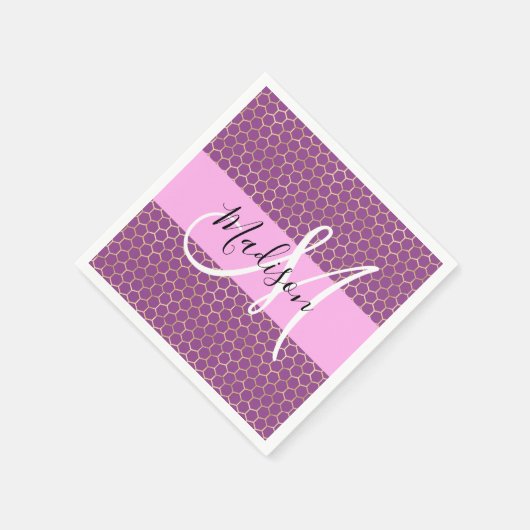 Glam Fuchsia Metallic Pink Honeycomb Monogram Name Serviette (Ecke)