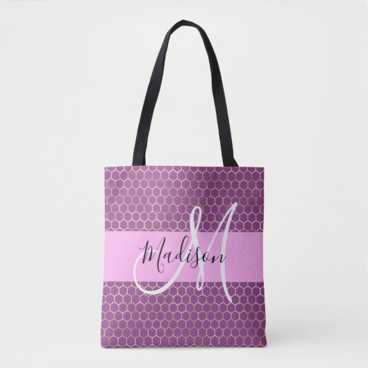 Glam Fuchsia Metallic Pink Honeycomb Monogram Name Tasche (Vorderseite)