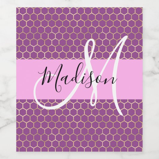 Glam Fuchsia Metallic Pink Honeycomb Monogram Name Weinetikett (Einzelnes Label)