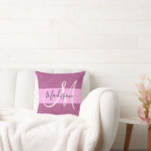 Glam Fuchsia Metallisch Rosa Honigwaben Monogramm  Kissen