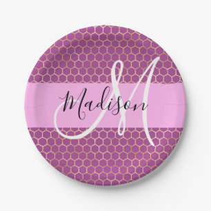 Glam Fuchsia Metallisch Rosa Honigwaben Monogramm Pappteller