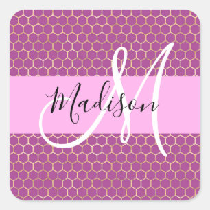 Glam Fuchsia Metallisch Rosa Honigwaben Monogramm Quadratischer Aufkleber