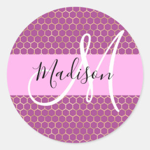 Glam Fuchsia Metallisch Rosa Honigwaben Monogramm Runder Aufkleber