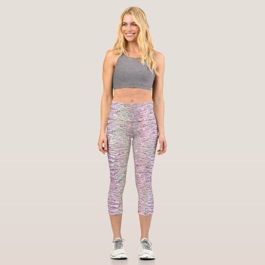 Glam Funkelnd rosa Diamanttrommel Tiger Streifen Capri Leggings (Vorderseite)