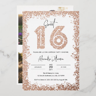 Glam Geburtstagsfeier Echte Roségold-Foto Sweet 16 Folieneinladung