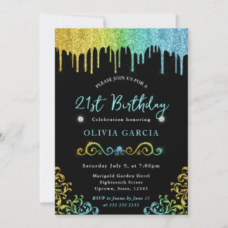 Glam Gelb und Blau Glitzer 21. Geburtstag Einladung