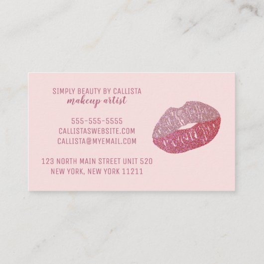 Glam Girly Blush Pink Glitzer Foil Lip Visitenkarte (Rückseite)