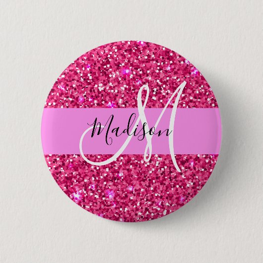 Glam Girly Hot Pink Glitzer Glitzern Name Monogram Button (Vorderseite)
