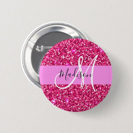 Glam Girly Hot Pink Glitzer Glitzern Name Monogram Button (Vorne & Hinten)