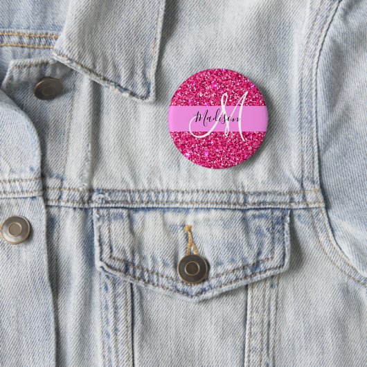 Glam Girly Hot Pink Glitzer Glitzern Name Monogram Button (Beispiel)