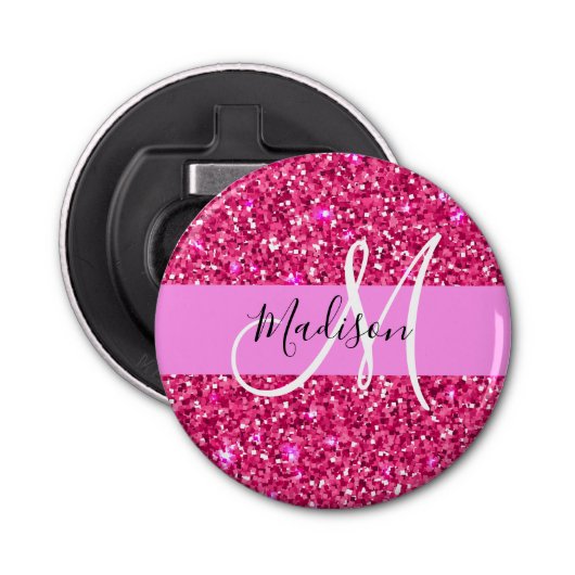 Glam Girly Hot Pink Glitzer Glitzern Name Monogram Flaschenöffner (Vorderseite)